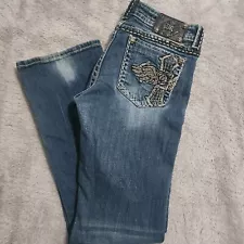 Miss Me Jeans Womens Size 32 Low Rise Boot Cut Embellished Pockets Distressed