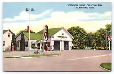 Postcard Gladstone Michigan Johnson Bros Oil Company Texaco Gas Pumps