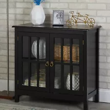 Black finish Country Style Glass Door Storage Display Cabinet Hutch