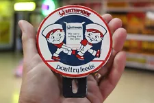 RARE 1950s WIRTHMORE POULTRY FEEDS 2PC PORCELAIN METAL TOPPER SIGN CHICKEN COW