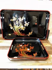 Vtg Blk/br/orange Toyo Japanese 2 pc Nesting Lacquer Ware Tray Set Alcohol Proof