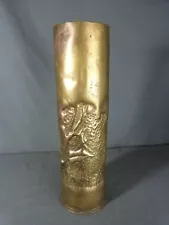 ⭐WWI French 75mm Artillery Shell Trench Art Vase Leaves Unfinished⭐