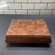 Vintage Powell Burl Wood Veneer Jewelry Box, Red Velvet Interior, Taiwan. EB15