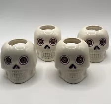 Halloween Ceramic White Skull Tea light Candle Holders Set Of 4 Day Of The Dead