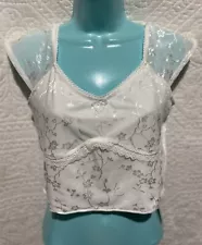 Shein Womans White Crop Top Floral Pattern With Sheer Sleeve Size L(8-10)