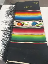 Vintage Mexican Throw Southwest Wool Serape Blanket with Long Fringe 32 X 40