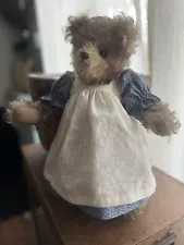 Vintage OOAK Artist Country Dress Pinafore Mohair TEDDY BEAR 14"-Coin on Foot