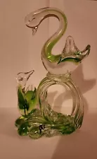 Vintage Art Glass 2 Green Swans on a Wave Statue Figurine 8.25" x 5"