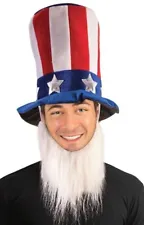 JUMBO UNCLE SAM TOP HAT + BEARD Patriotic Costume Red White Blue Stars USA Flag