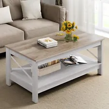 Farmhouse Coffee Table with Storage 2 Tier Center Cocktail Table Living Room