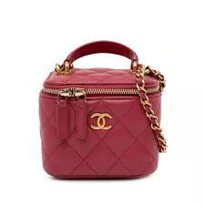 Authenticated Chanel Mini Lambskin Top Handle Vanity Case with Chain Red