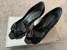 SIGERSON MORRISON 7.5 Black Patent Leather Open Toe Bow Pumps Heels Shoes SALE