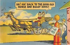 Lovers Driving Horse & Buggy by Gas Station for Sale Laugh-Comic Old Linen PC