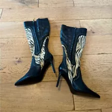 Colin Stuart Tall Leather Zebra Animal Print Boots Heels Women's Sz 6.5 B