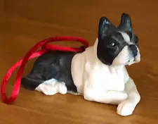 Lying Down Boston Terrier Hand Cast & Hand Painted 2.5" long Christmas Ornament