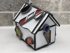 Vtg Leaded Stained Glass Christmas House For Battery Operated Votive Candy Cane