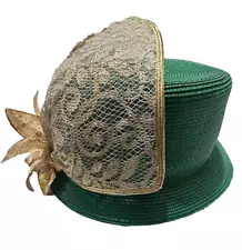 Fancy Elegant European Style Cocktail Fashion Church Dinner Hat | Green/Gold