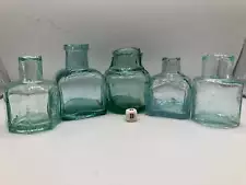 5 old aqua glass inkwells, penny inks (B)