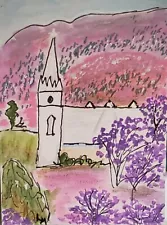 Aceo Original Art Painting Purple Jacaranda Trees Flowers Church Mountains OOAK