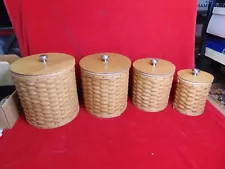 2006 Set of Longaberger Basket 4 Canisters Set & Liners Woodcraft Lids Tie-Ons