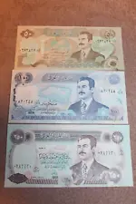 Original Pre 2003 Era Central Bank of Iraq Paper Dinar Notes, Lot of Three