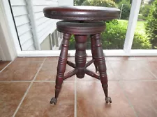 Antique SOLID WOOD Adjustable ROUND PIANO STOOL w/Glass Ball Claw Feet