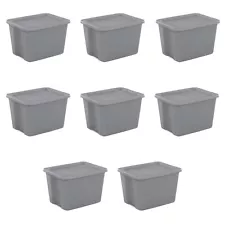 18 Gallon Tote Box Plastic, Gray, Set of 8