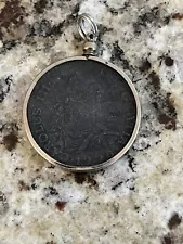 1776 SPANISH 8 REALES REPLICA COIN PENDANT ~ SILVER-TONE BEZEL