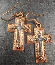 Vtg Concho Copper Cross Patina Earrings Santa Fe Estate Sale Southwestern Style