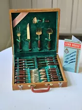 Mid-century Modern 29 PC Brass & Wood Flatware Set, Service For 8 From Thailand