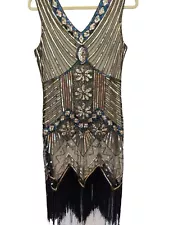 Roaring 20s Great Gatsby Flapper Sequin Beaded Fringe VTG Dress Party Cocktails