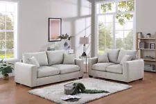 Modern Ivory Corduroy Upholstered 2pc Set Sofa Loveseat Couch Pillow Living Room