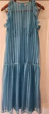 HANDMADE 1920'S STYLE DROP WAISTED VERTICAL SHEAR STRIPED TEAL DRESS WITH FLAW