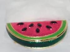 Vintage Signed MOD Enamel Pin Slice of Watermelon w/ Black Rhinestones for Seeds