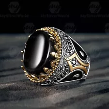 925 Sterling Silver Black Enameled Onyx Stone Turkish Handmade Men's Ring