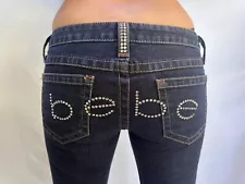 Vintage BEBE Y2K Spellout Rhinestone Kayla Dark Denim Blue Jeans Sz 28 USA