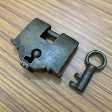 BRASS PADLOCK OR LOCK WITH KEY, OLD OR ANTIQUE, nice & RARE SHAPE, barbed spring