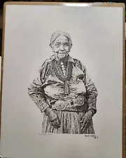 Vintage Carlos David Cortez Southwestern Native American Print Old Woman Signed