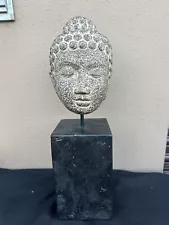 Vintage Buddha Head Statue Stone with Black Marble Stand 16.5”