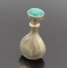 MEXICO 925 Silver - Vintage Vase Green Malachite Bottle Case (OPENS) - TR3531