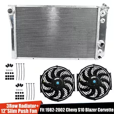 3Row Aluminum Radiator+2X 12"Slim Fan For 1984-1990 Chevy S10 Blazer Corvette V8 (For: 1990 Chevrolet S10 Blazer)