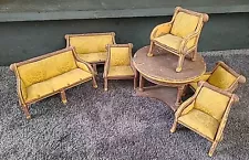 ANTIQUE DOLLHOUSE PARLOR 7pc SET 2 Couch 4 Chair Table Yellow Upholstered Sofas