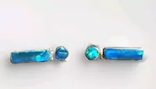 Inlay Fire Opal Sterling Silver 950 Dangle Stud Earrings - Blue Green Opal