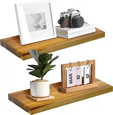 Teak Wood Floating Shelves Perfect for Bathroom Décor Pack of 2 Wooden Wall S...