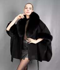 4304 NEW GLAMOROUS WOOL CASHMERE COAT FUR SWINGER CAPE BLUE FOX SIZE M-3XL