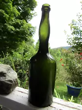 Dark Green Wine liquor Bottle, Lady Leg Neck, Slight kick up Base. 12" tall