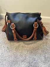 Dooney Bourke Black Pebbled & Brown Florentine Leather Buckle Satchel Bag