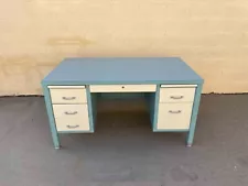 Mid Century Double Pedestal Tanker Desk Refinished In Sea Foam