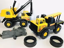 2 VINTAGE TONKA MIGHTY BACKHOE AND TOW TRUCK PLUS MOTORIZE ATTACHMENT WORKS!!