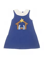 Girl Lil Cactus Blue Nativity Scene Dress Blue Corduroy Ric Rac Collar Size 5 5Y